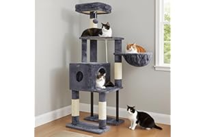 Heybly Albero Tiragraffi Per Gatti Alto 125 cm, Torre Per Gatti Spaziosa E Confortevole Con Tana, Due Ampie Piattaforme, Tiragraffi In Sisal, Cestino, Robusti Tubi In Acciaio, Grigio Fumo HCT200SG-