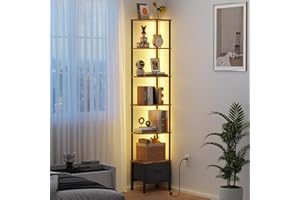 OYRREU Book Shelf with Drawer and LED Light, 6 Tier Tall Corner Shelf Unit, Bookcase for Living Room Bedroom, Narrow Shelving Unit with Fabric Drawer, Retro Brown