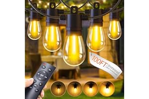 PBGMRT Outdoor Festoon Lights Mains Powered - 100ft/30m Outside String Lights 30+2 S14 LED Dimmable Bulbs with Remote, IP65 Waterproof for Patio Gazebo Pergola Garden Backyard