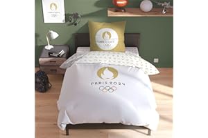 OMYDREAM Paris 2024 Jeux Olympiques Logo Parure de lit Enfant 1 Personne | 100% Coton | Oeko-TEX | Housse de Couette 140x200 cm + 1 Taie d'oreiller 63x63 cm | Imprimé Réversible | Blanc
