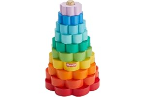 Fisher-Price Wood Toddler Toy Ring Stacker, 10-Piece Wooden Stacking Activity for Fine Motor Skills Play Kids Ages 18+ Months, HXT77