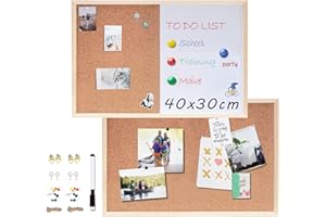 EasyVibe 2 Pack Bulletin Board (1 Cork Board + 1 Cork Whiteboard Combo) 40 x 30cm, Hanging Cork Board for Walls with Wood Frame, Notice Board Vision Board for Display Schedules Photos & Memos