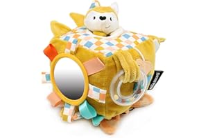 LES DÉGLINGOS - Cube d'activités en Tissu Cyranos Le Renard- Jouet d'éveil sonore et Tactile pour bébé - Jouet de développement - Cadeau de Naissance - 12cm - Jaune Moutarde