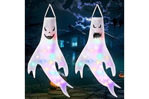 Purpledi 2 StüCk Halloween WindsäCke Geist Windsack HäNgen Dekoration, Mit Farbe Led Lichtern, Biegbar Geisterflagge Windsocken Geistergesicht für Draußen, Garten, Weg, Party, Halloween-Partyzubehör