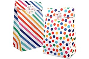 20PCS Kraft Paper Party Bags, AUERVO Rainbow Dots and Stripe Party Favor Bags Birthday Bags Gift Treat Bags With Thank You Stickers for Baby Shower Wedding Valentines' Day