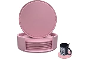 RICHSUM Coasters Set of 6 Soft Leather Drink Coaster Round Coaster with Sewing Around, Suitable for Various Cups, Wooden Tables,Home Decoration,4 Inches (Pink)
