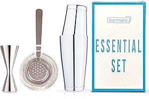 barmate Boston Cocktail Shaker aus Edelstahl und beschwert als 3 teiliges Set bestehend aus einem Shaker, einem Jigger und einem Sieb