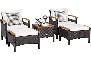GIANTEX Rattan Garden Furniture Set, Balcony Furniture Set, 2 Armchairs & 2 Footstools & 1 Coffee Table, 5-Piece Garden Lounge Set, Balcony Set, Garden Furniture Rattan Furniture, Rattan Chair with