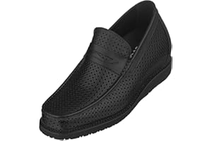 CALTO Men's Invisible Height Increasing Elevator Shoes - Black Leather Slip-on Lightweight Breathable Casual Loafers - 3.2 Inches Taller - T1431
