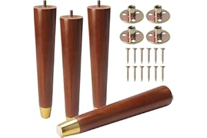 COEWUR 4 Pcs Wooden Furniture Legs, 12inch/30cm Solid Wood Replacement Sofa Legs Straight Cone Furniture Feet, Chair Leg with Gold Caps Pads Screws Mounting Plate for Couch Table Dresser Bed Cabinet