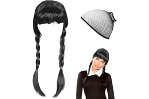 QJFHURB Perruque Mercredi Enfant Perruque Mercredi Fille Tresse Noire avec 1 Résille