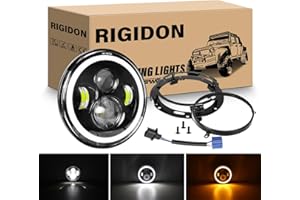 RIGIDON 1PCS 7 Inch Round LED Headlight, 4 LED Motorcycle Headlight White DRL High/Low Beam Amber Halo Turn Signal Angle Eyes Light for Wrangler JK TJ LJ CJ Motorcycle Davidson with Mounting Brackets