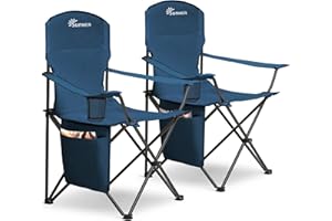 SUNMER Set of 2 Folding Camping Chairs, Extra Wide Lightweight Outdoor Chairs with Armrests and Cup Holder, 120 kg Capacity - Blue
