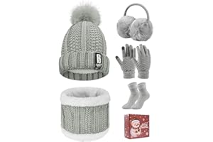 Tuopuda Ensemble Bonnet Écharpe de Doublure Polaire Gants 5 Pièces Tricotés Ensemble de Ski d’Hiver de Femmes Beanie Foulards Cache-Oreilles Chaussettes