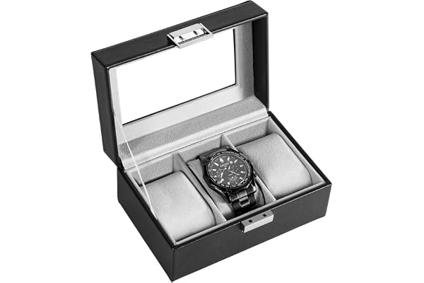 ProCase Boite à Montre Antichoc, Coffret Montre Homme avec 3 Emplacements Coussins Montre, Rangement Montre avec Couvercle en Verre, pour Passionné d’Horlogerie -Noir