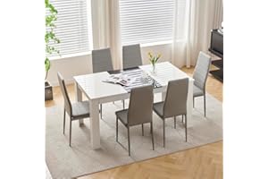 Homullel 150 cm Dining Table and 6 Chairs, 6 Seater Table and Chairs Set for 6, Kitchen Dining Room Set for Space Saving (Faux Leather Grey, 150cm, 6 Seats)