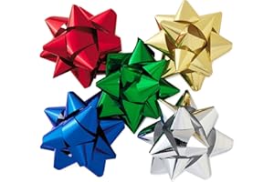 YUKIYI 50 szt. 5 cm świąteczne metaliczne kokardki prezentowe do pakowania prezentów dekoracyjna gwiazda kokarda świąteczna folia złota srebrna niebieska czerwona zielona