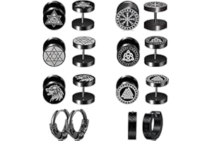 Uwiyo 8 Pairs Mens Earrings Set Stainless Steel Men Earrings Black Viking Earrings Screw Earrings Stud Earrings Hinged Clicker Earrings Hoop Earrings for Mens