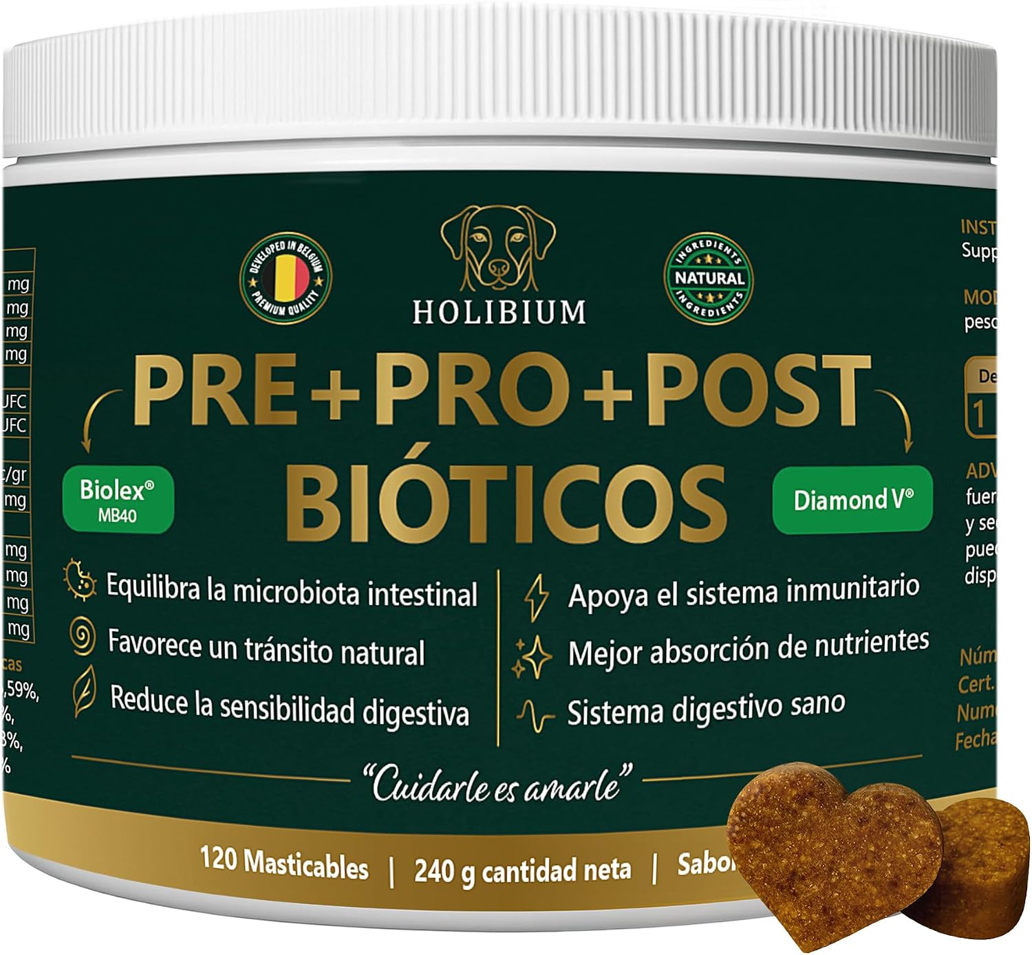 HOLIBIUM Probioticos Perros, 120 uds, Prebióticos, Postbióticos y Probióticos Naturales, Mejora Digestión, Diarrea y Heces Blandas, Suplemento Digestivo Canino para la Flora Intestinal, Sabor Pollo