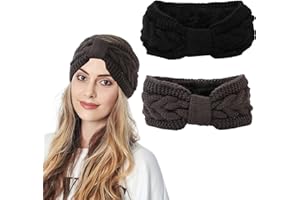 CREAHER 2pcs Winter Knitted Headband, Women Knitted Bow Braided Hair Band Wraps Knitted Thick Hairband Thermal Wide Headbands for Skiing Running Outdoor (Black+Grey)