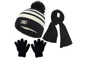 BAYNETIN Enfants Tricotés Bonnet d'Hiver Écharpe Gants 3 en 1, Doublure Doux Pompon Bonnet Tricoté Chaud Cache-Cou Extensible Gants pour Garçons et Filles 2 à 8 Ans Ski Activité Plein Air