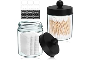 DAFUHAO 2 Pcs Cotton Pad Holder, 12 Ounce Cotton Buds Holder Dispenser with 2 Labels Stickers, Bathroom Canisters Jars with Lid, Apothecary Jars Set for Cotton Ball, Swabs, Floss, Makeup Sponges, Bath Salts