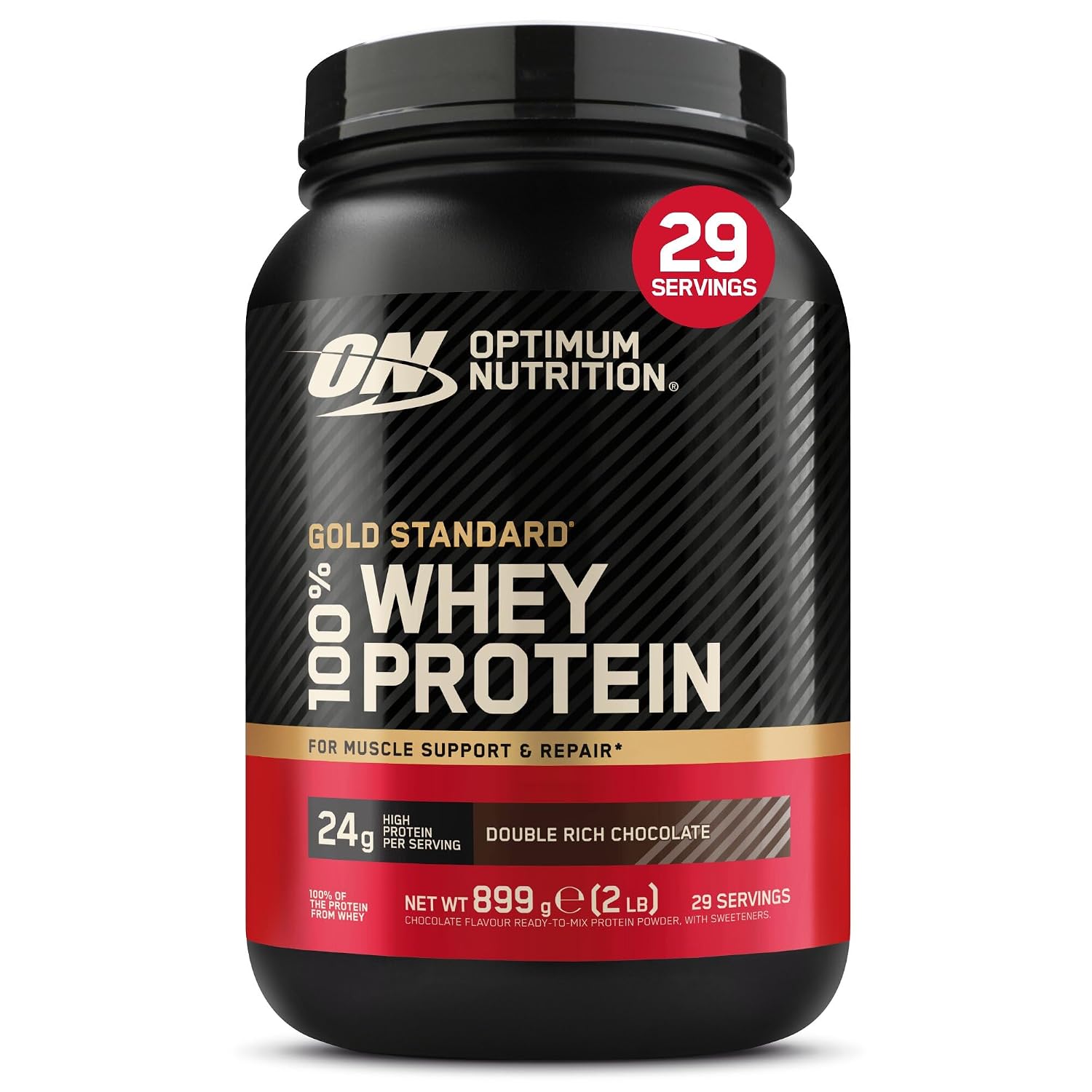Optimum Nutrition Gold Standard 100% Whey, eiwitpoeder, dubbele smaak, rijke chocolade, 899 g, 29 blikjes