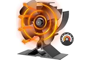 FUBEGI Log Burner Fan, 4 Blades Wood Stove Fan, Small Heat Powered Wood Burner Fans with Stove Thermometer, Silent Operation Fan for Wood Burning Stove/Log Burner/Fireplace, Eco & Efficient Heat Distribution