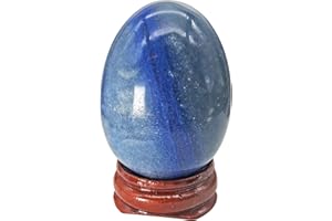 Ladeukoi Stone Egg Figurine, Polished Healing Crystal Easter Eggs Sphere Sculpture with Wood Stand, Blue Aventurine, 1.8"