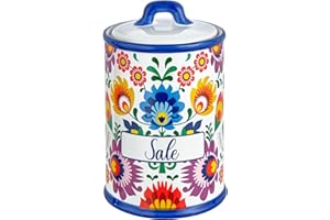Baroni Home Barattolo Sale Decorato in Ceramica con Coperchio Ermetico, Accessorio da Cucina Colorato Resistente, Linea Flora, 11x11x17 cm