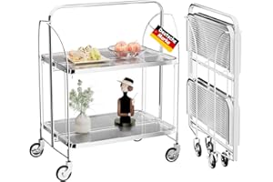 ‎RHEIN BELEUCHTUNG Servierwagen mit Rollen, Servierwagen Klappbar, Dinett 2 Tier Ablagekorb aus Temperglas with Wheels, für Küche, Barwagen, Rollwagen Metall, Teewagen, Weinwagen, moderner Getränkewagen