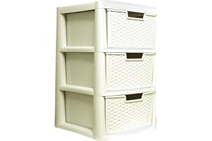 SIDSONS Large 3-Drawer Storage Drawer Unit plastic Rattan Style Modular Storage Tower Cabinet Home Office Storage Solution Garage Chest Drawers Cream Colour Height62cm, Width 39cm, Depth 39cm