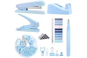 GINSSO Blue Office Supplies,Blue Desk Accessories,Stapler and Tape Dispenser Set for Women with Stapler,Tape Dispenser,Magnetic Staple Remover,Staples,Clips,Hole Punch and Tabs,School Supplies