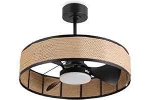 reiga Caged Ceiling Fans with Lights 60.5cm - Low Profile Rattan Ceiling Fan with Lights and Remote Control, Reversible Fan Blades for Bedroom, Living Room, Kitchen, Patios