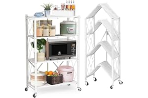 Svkiyang Foldable Storage Shelf Unit on Wheels Large Capacity (No Assembly) Heavy Duty Steel 5-Shelving Organizer Rack for Kitchen, Garage and Laundry Bathroom Tool Organization (4, White)