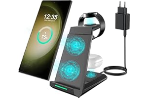 Induktive Ladestation für Samsung，ADADPU Kabelloses Ladegerät 3 in 1 Kompatibel für Galaxy Watch 8/7/6/5/5 Pro/4/3/Active 2，Wireless Charger für Samsung S25 S24 S23 S22 Ultra S21 Note 20 Galaxy Buds