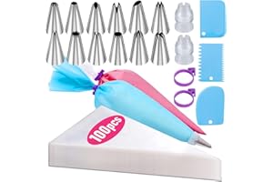 WDDEEVOI Piping Bags and Nozzles Set, 100Pcs 12 Inch Pastry Bags, Icing Bags Disposable for Cakes Decorating Kit with 1 Reusable Piping Bags, 1 Couplers, 12 Frosting Nozzles, 2 Bag Ties, 3 Cake Scraper