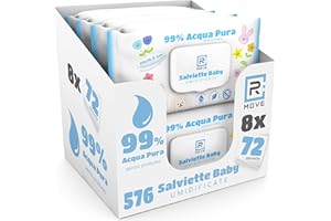 R MOVE 576 salviette neonato umidificate Acqua Pura 99%, 8 confezioni da 72 salviettine bambini Water, Coperchio Salvafreschezza, Idratanti, igienizzanti e rinfrescanti, mani e corpo (Acqua Pura)