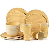 LEKOCH 16-teilige Bio Bambus Umweltfreundlich Camping Geschirr Set für Picknick/BBQ Grill/Fest/Camping/Party Set mit Teller, 