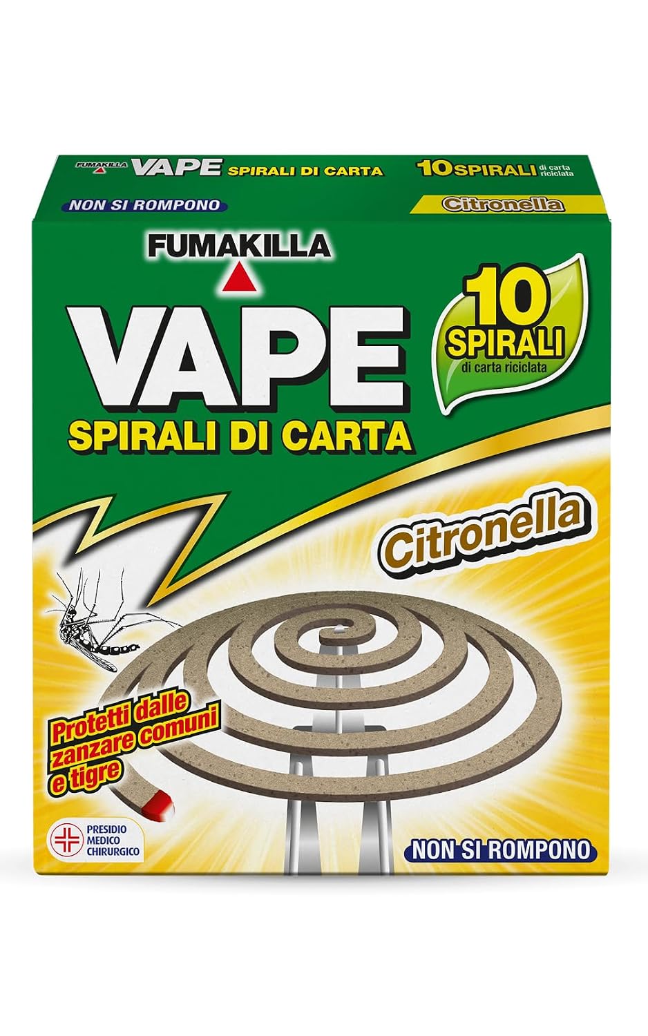FUMAKILLA VAPE SPIRALI DI CARTA, Insetticida destinato all'uso domestico, contro zanzare, Diffusione per fumigazione tramite combustione, fatta con materiale riciclato, non si rompe, 10pz