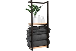 Vonia Porte-Serviettes Mural - Sèche Serviette de Salle de Bain - Pratique Support Serviette Salle De Bain - avec 2 Crochets (Noir/Bois)