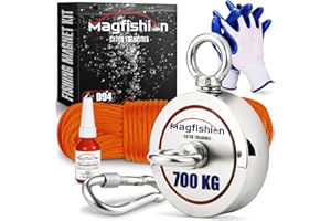 Magfishion - Aimant Peche – Traction de 700 kg – Peche a l'aimant 94 mm Ø - Avec 20 m de Corde, Frein Filet et Gants – Aimant Pêche Puissant de Neodyme - Pêche Magnétique