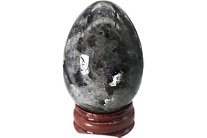 Ladeukoi Stone Egg Figurine, Polished Healing Crystal Easter Eggs Sphere Sculpture with Wood Stand, Natural Black Labradorite, 1.8"