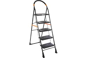 Amazon Basics Clamber - Foldable Step Ladder, Safety-Clutch Lock, Ribbed Steps, Knee Guard, Non-Marring PVC Shoes, 5 Steps (S