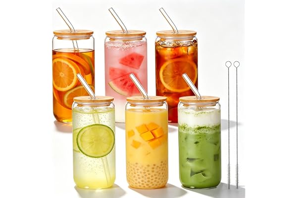 Zencantorous Förpackning med 6 glas med lock och sugrör, 500 ml dricksglas med lock, matcha-glas, dricksglas med sugrör och lock, iskaffeglas, tennformade glaskoppar, cocktailglas