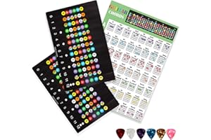 JUNLEGO Gitarren-Griffbrett-Aufkleber, farbcodierte Notenaufkleber, Gitarre mit Akkorden, Skalendiagramm für Anfänger, Anfänger (2 Gitarren-Griffbrett-Aufkleber, 1 mit Gitarren-Akkord-Diagramm)