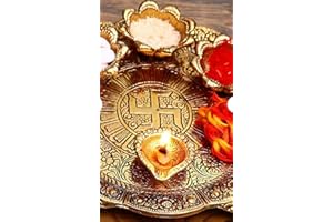 Estationeryhouse Pooja Thali with Diya Gold Plated for Home and Office Temple and Pooja Room-Metal,Diwali thali, mehndi, wedding. (Large)