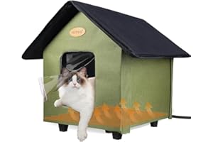 UNKJIN Heated Cat House, Outdoor Cat House Waterproof, Cat House Outdoor with Heating Pad and Elevated Base for Indoor Outdoor Cats, Feral Cats, and Small Dogs, 48 x 53 x 43 cm (Green)