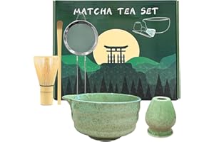 EPICSOA 5 PCS Matcha Set, Matcha Whisk Set Includes Bamboo Chasen Whisk, Ceramic Tea Bowl, Scoop, Strainer and Matcha Whisk Holder, Handcrafted Japanese Tea Set Matcha Kit for Matcha Lovers - Green