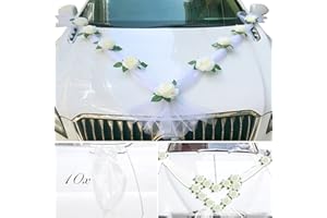SILARLAIT Autoschmuck Hochzeit Motorhaube, Hochzeitsschmuck mit 2m Tüll & 9 Blumen & 10 Autoschleifen, Autoschmuck Braut Paar Rose Deko, Blumenschmuck für Hochzeitsauto, Brautauto Schmuck Hochzeit